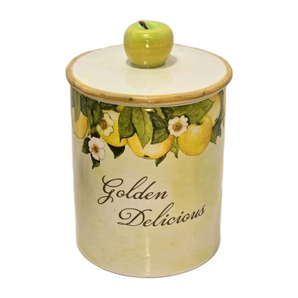 🍏 Cracker Barrel Golden Delicious Apple Canister w‎ Lid EUC 🍏